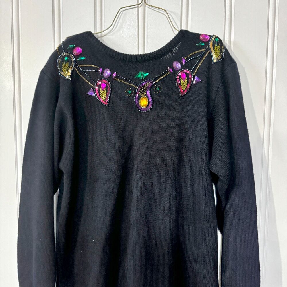 Vintage R&K Dress Women Size Medium Sweater‎ Navy Blue Sequin Midi Long Sleeve